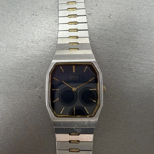 Seiko Tank Watch Men 28mm Blue Dial Two Tone Rectangle 7430-5089 New Batt PARTS!