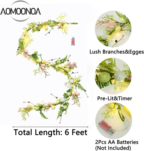 6 Feet Easter Garland for Spring Decoration, Lighted Easter Egg Garlands with Pa - Picture 2 of 6