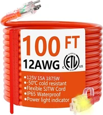 100 Ft 12/3 Gauge Heavy Duty Outdoor Extension Cord Waterproof with Lighted Flex