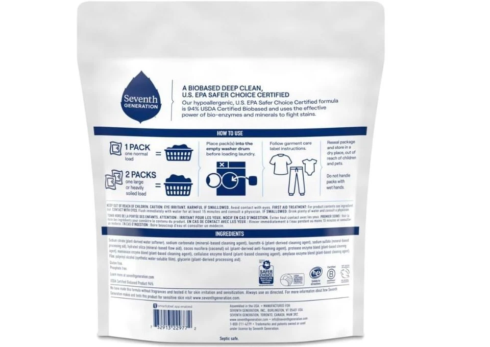 Paquetes de detergente para ropa séptima generación, gratis y transparente, 90 cargas (2 bolsas, 4 Foto 2 de 4