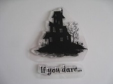 2 NEW CLEAR STAMPS HAUNTED HOUSE w CEMETERY Saying: IF YOU DARE.. Halloween