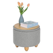 Round Ottoman Footrest w/ Storage Wooden Legs Linen Cover Padded Footrest Stool