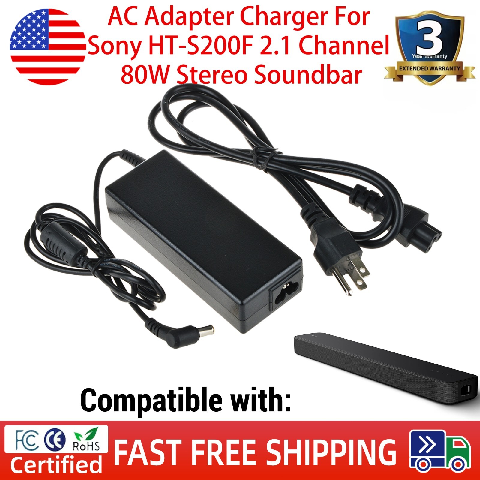 AC Adapter Charger For Sony HT-S200F 2.1 Channel 80W Stereo Soundbar Power Cord