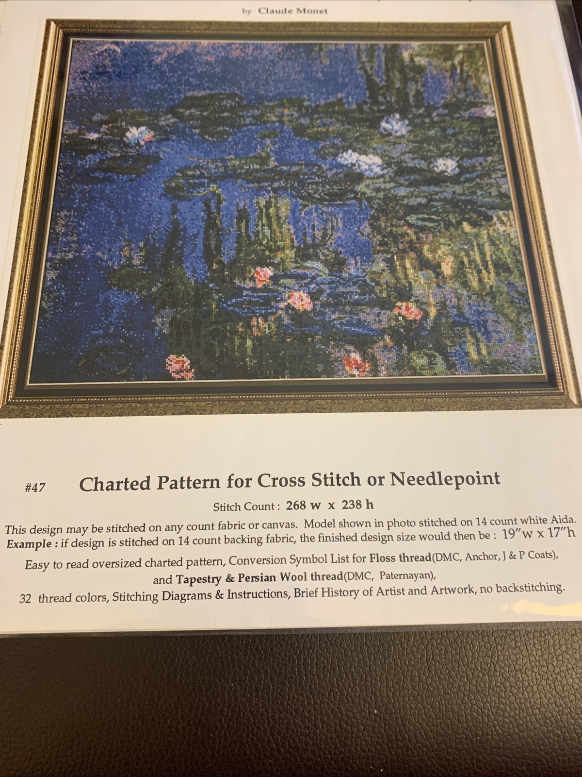 Water Lilies. By Claide Charted Pattern For Cross Stirch Or