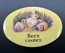 Vintage 1996 See’s Candies Easter Tin 16 oz. Baby Chick With Colored Eggs 10"