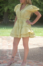 Fairy Cottagecore Dress M Lime Yellow Mini Ruffle Boho Cocktail Fit Flare MABLE