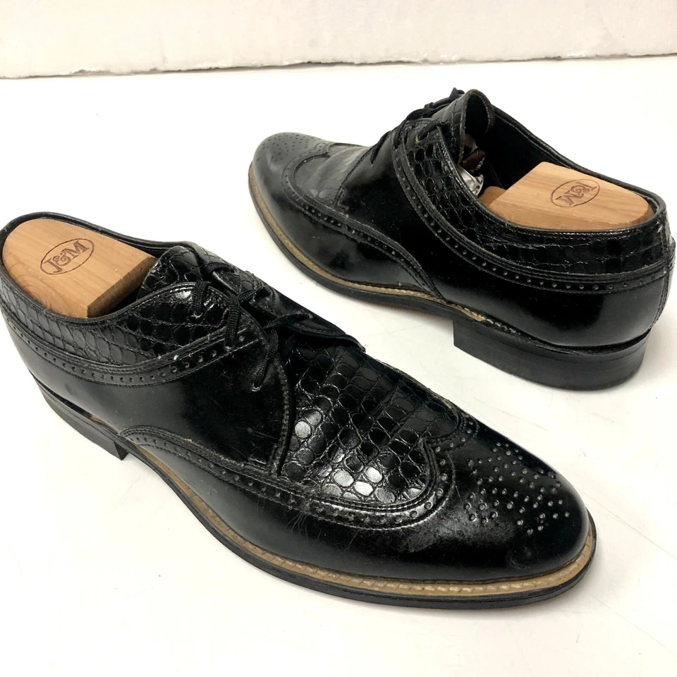 Vtg 60's Stacy Adams MoD Black PATENT Leather Snake Print WING TIP Shoe Oxford 8 - Image 2 of 4