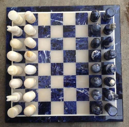 Handmade Sodalite & White Marble Chess Set - Luxury Stone Board & Pieces Set - Picture 3 of 12