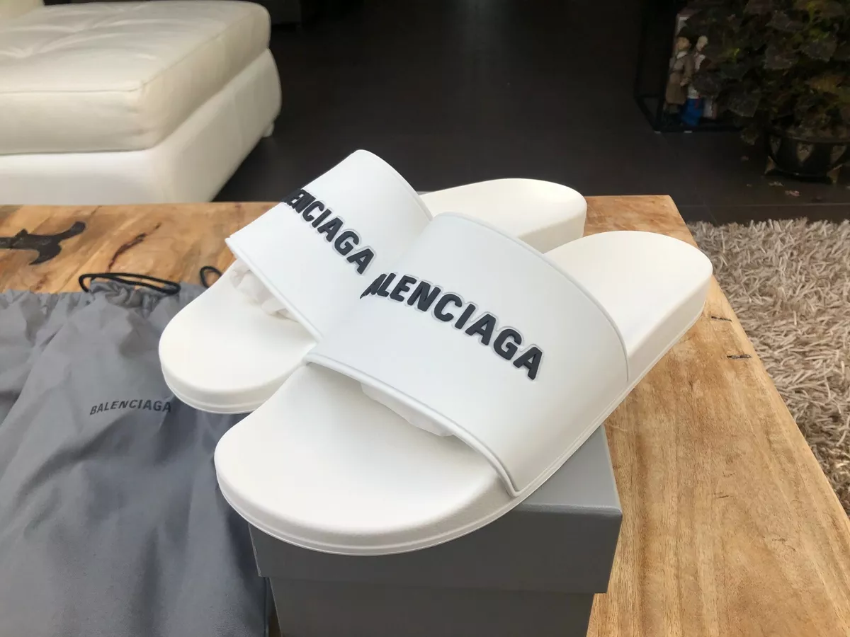 Balenciaga Black/White Rubber All Over Logo Pool Slides Size 44 Balenciaga