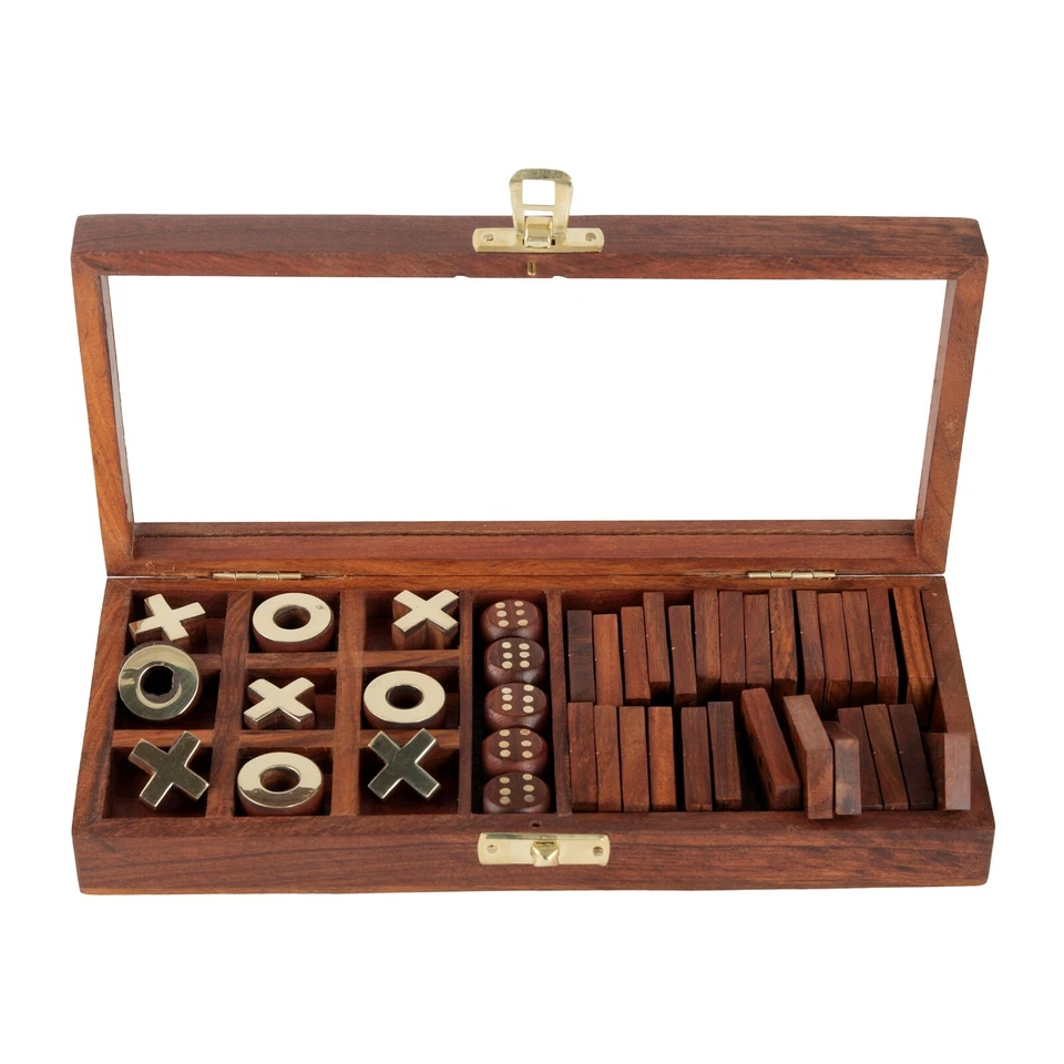 Wooden 3-in-1 Parlour Game Set 28 Dominoes Tic-Tac-Toe Tokens & Dice brain IQ - Image 3 of 4