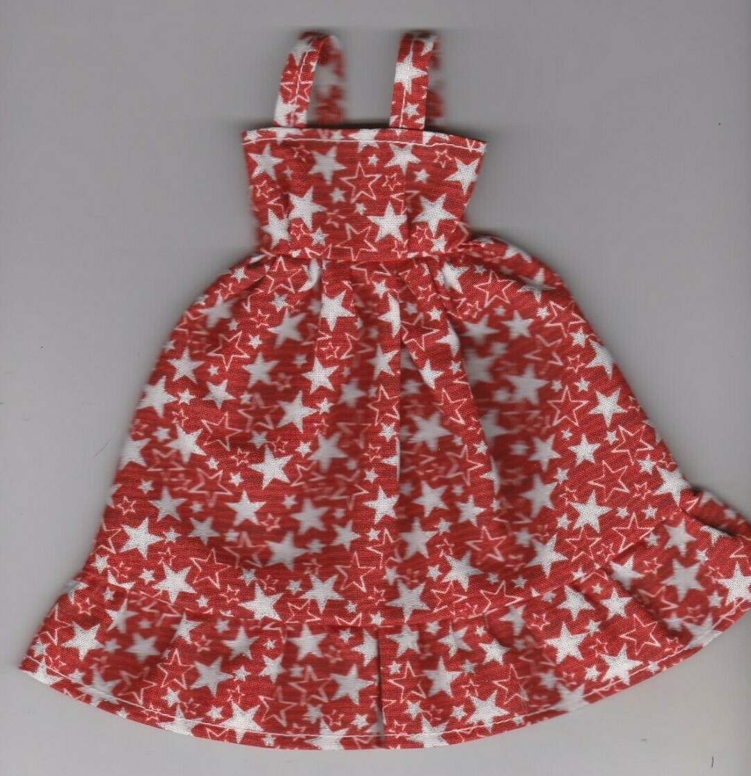 Doll Clothes-Red With Silver Stars Print Sundress fit Barby Doll-Homemade SD4