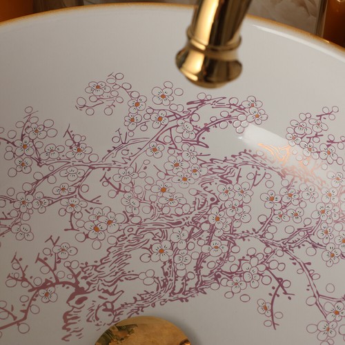 16.4" Bathroom Ceramic Sink Round Orange White Vessel Sink Gold Faucet Drain Set - Picture 9 of 12
