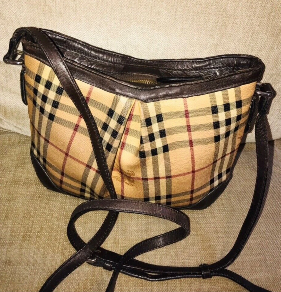 Vintage Burberry Haymarket Nova Check Brown PVC& Leather MessengerCrossbody  bag