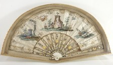 Early Antique 18th c. Framed Painted Silk Folding Hand Fan Putti and Embroidery
