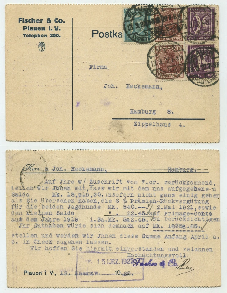 94941 - Postkarte Fischer & Co. - Plauen 13.3.1922 nach Hamburg - Jagdhunde - Bild 1 von 1