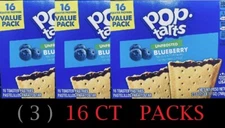 3x Kellogg's Pop Tarts UNFROSTED BLUEBERRY Toaster Pastries 16 Ct 27 oz - 3 PACK