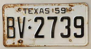 Vintage 1959 TEXAS Passenger License Plate BV2739 - White Black