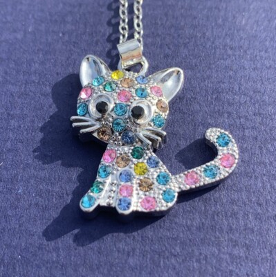 Cute Cat Kitty Rhinestone Pendant Necklace W Chain Sweet Gift Girls Women NWOT