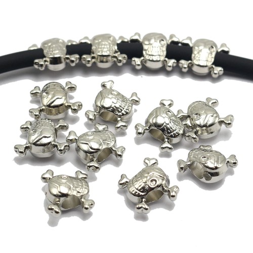 100 Silver Tone Metallic Acrylic Skull+CrossBones Big Hole Pony Beads 15X12mm - Picture 3 of 8
