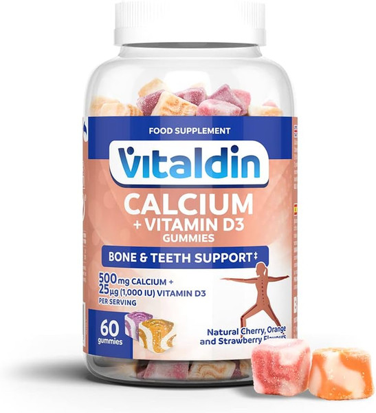 60 Gominolas de Calcio & Vitamina D3, 500mg, 1000 IU dosis, sabor Frutas. Huesos