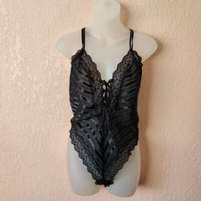 Vintage 80s Honors Intimates Black Lace Sheer French Cut Bodysuit Lingerie M
