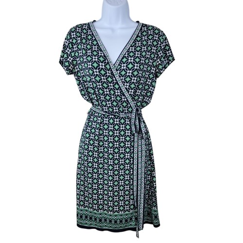 Max Studio Wrap Shirt Dress Medium Cocktail Party Geometric Print Blue Green - Picture 2 of 7