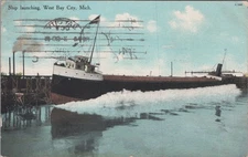 Vintage 1910s Ship Launching Postcard West Bay City Michigan Lithograph