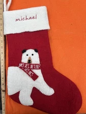 Pottery Bark Kids Stocking Red Feltef Wool With Polar Bear Monogrammed “Michael”