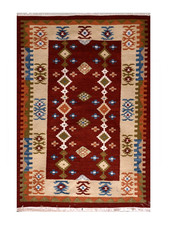 Hand Knotted Wool Kilim Dhurrie Rug Color Maroon, Red and Beige Design Carpet Ru