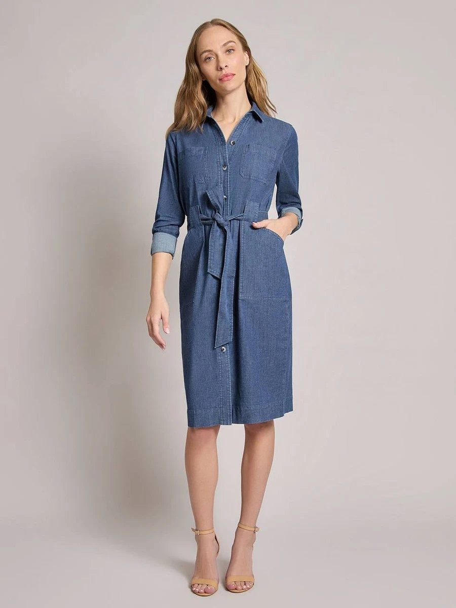 jones new york plus size denim dress JONES NEW YORK Women's Long Sleeve Denim Midi Dress