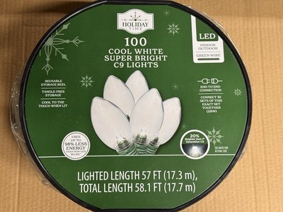NEW! Holiday Time 100 Count COOL WHITE LED Super Bright C9 Lights 58.1 FT