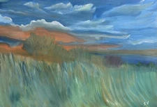 Original Landscape Painting Sunset Meadow Field Art 19x13" Unframed