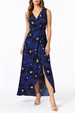 A New Day Blue Floral Wrap Midi Dress Sleeveless Elastic Waist Size S