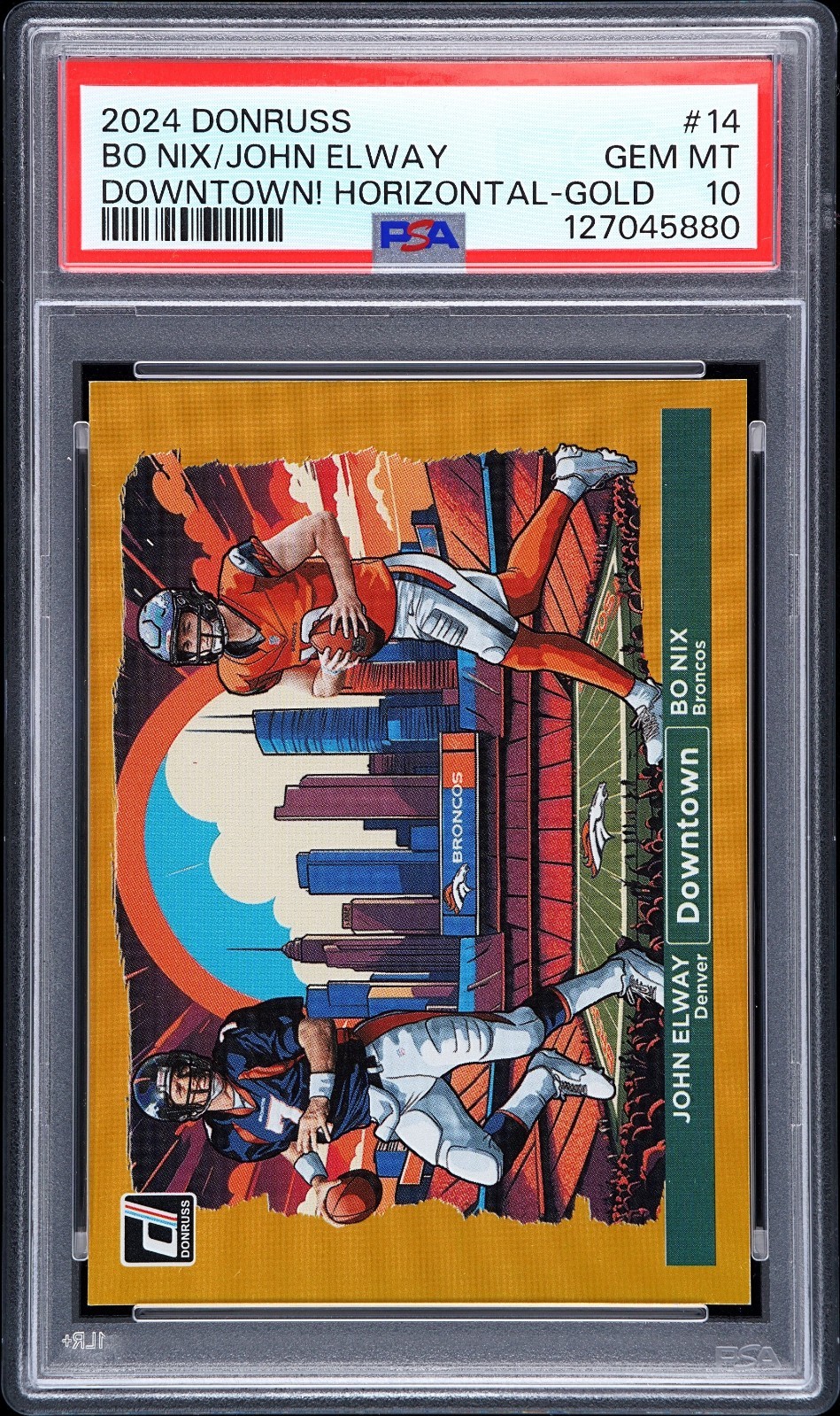 Bo Nix / John Elway #14 (Football Cards 2024 Panini Donruss Downtown Horizontal) — is it worth grading?