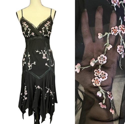 NWT Vintage Sue Wong Sheer Mesh Lace Floral Embroidery Cherry Blossom Silk Dress