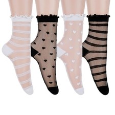 4 Pairs Sheer Socks Women Black Rufflenkle Socks for Women Thin Lace See A