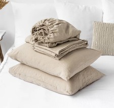 Magic Linen Twin 4 Piece Linen Sheet Set In Natural NEW Fitted Flat Pillowcase