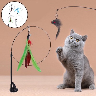 Katze Stick Spielzeug Haustier Feder Spielzeug Teaser Rod Langstab Saugbasis für Kätzchen