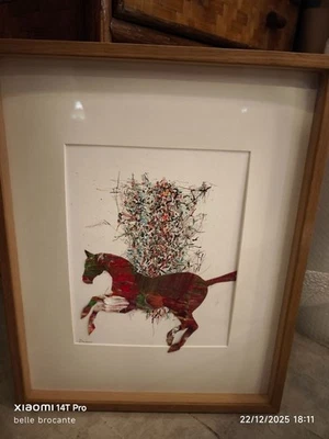 TABLEAU COLLAGE D UN CHEVAL PEINT SUR TOILE FINITION RESINER EPOXY 45 X 52 CM - Photo 1/3