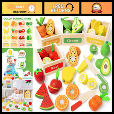 Wooden Play Food Toy Set - 30 Pcs Montessori Cutting Color Sorting Fruits, Tod