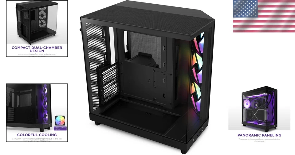 H6 Flow RGB Mid Tower Airflow Case, 3 RGB Fans, Glass Panels - Image 2 of 4