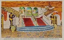 Grand Stairway, Aragon Ballroom, Statues, Chicago, IL. 1930s Linen.