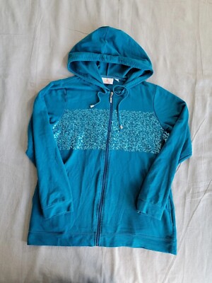 Quacker Factory Womens M Hoodie Blue Sequin Holiday Full Zip Pockets  Stretch EUC