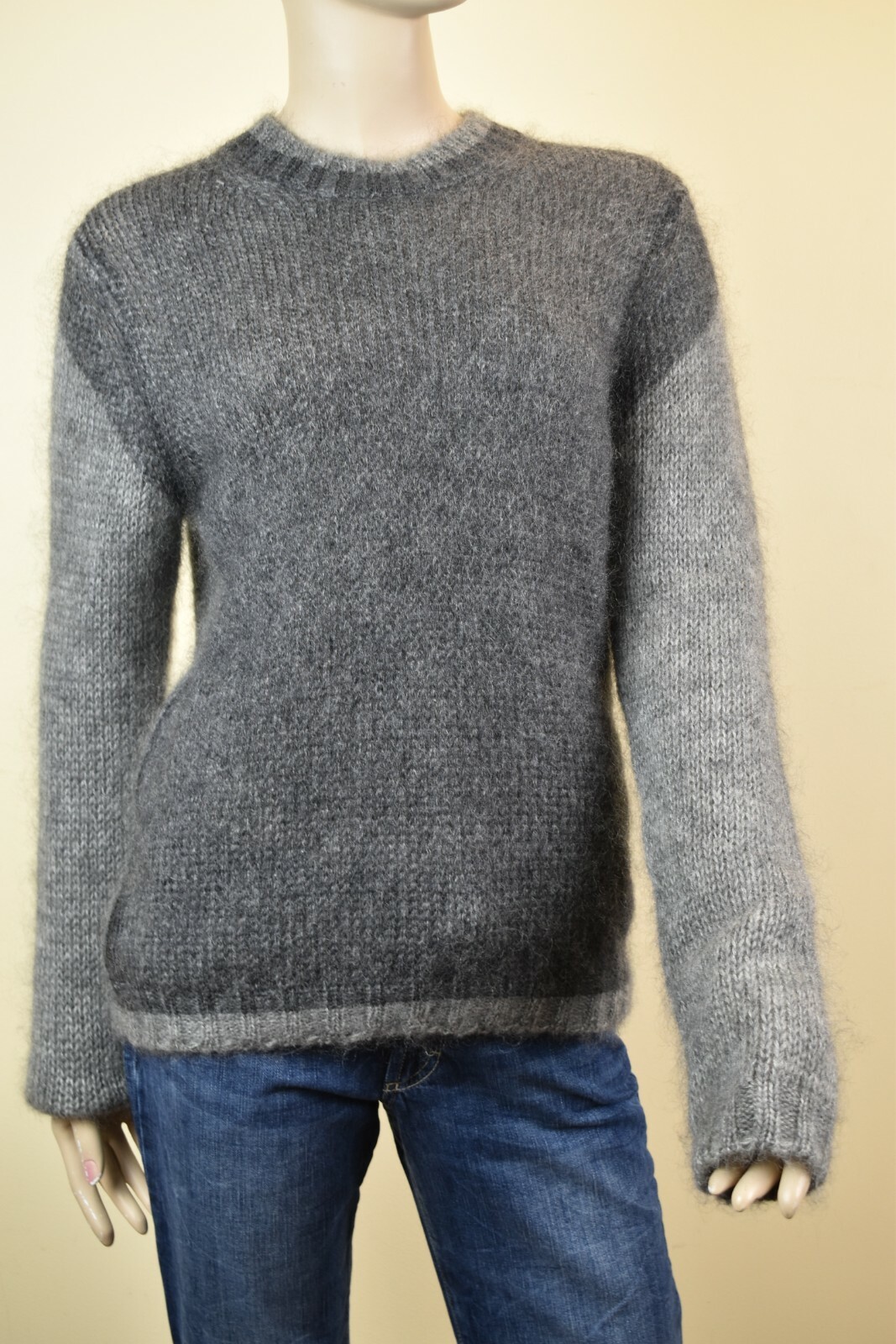 NEW PRADA GRAY MOHAIR KNIT LOGO LONG SLEEVE PULLOVER SWEATER 50 ITALY