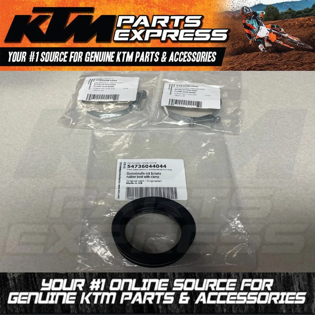 NEW OEM KTM RUBBER BOOT WITH CLAMP 54736044044 (OLD PART NUMBER 