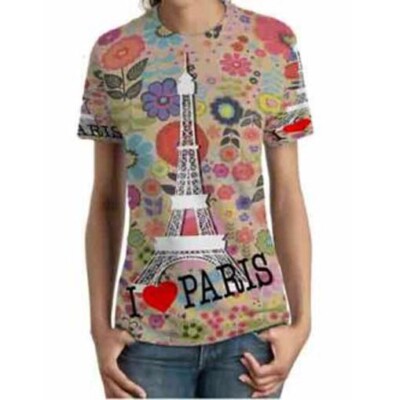 New Women's T-Shirt Eiffel I Love Paris Tshirt Polyester Fullprint Size S to 3XL