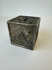 Leonard Silver plated ABC Baby Block Coin Piggy Bank Vintage 3" x 3"
