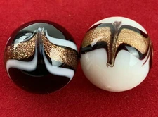 2 INSIGNIA 16mm Handmade Art Glass Black Banded Gold/Copper Lutz White Marbles
