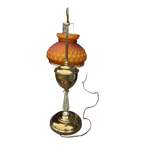 Vintage Oil Electric Brass Student Table Lamp Quilt Glass Amber Shade WORKS - Picture 7 of 23
