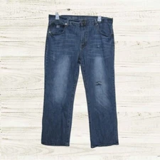 Rustic Blue.Mens jeans  Size  38x30  distressed dk blue denim boot cut